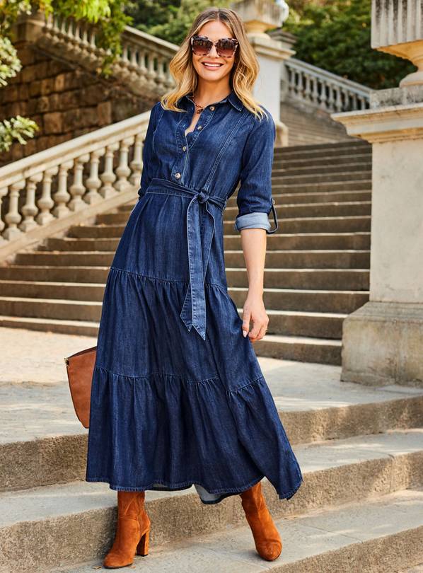 SOSANDAR Dark Indigo Tiered Hem Denim Midi Dress 10