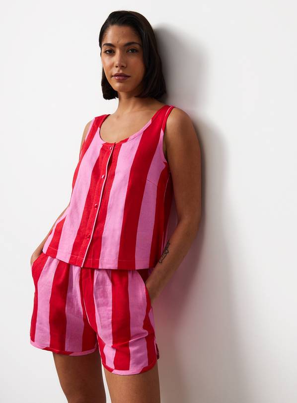 Pink & Red Stripe Linen Blend Shortie Pyjamas 16