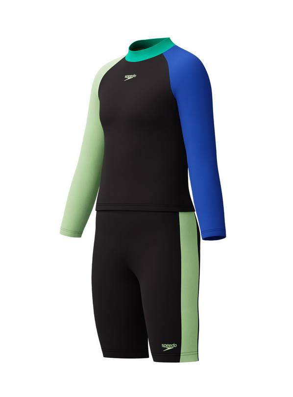 SPEEDO Boys Colourblock Rash Top & Jammer Set 5-6 Years