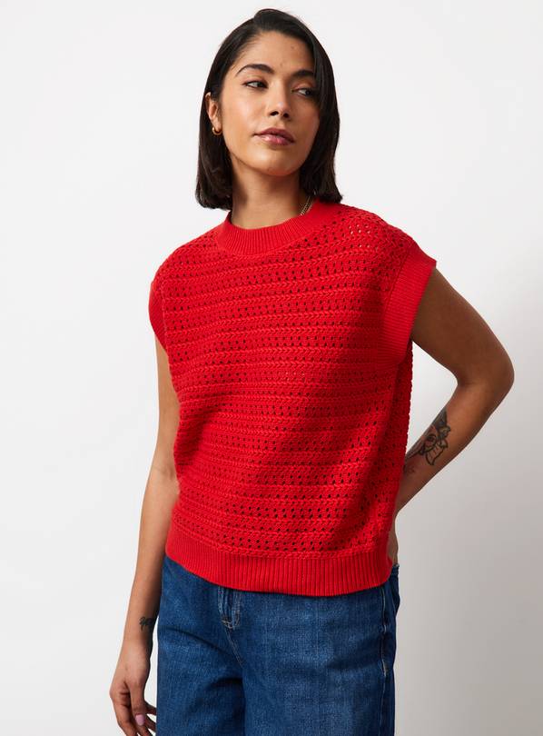 Red Airtex Cotton Crochet Style Knitted Tank Top S