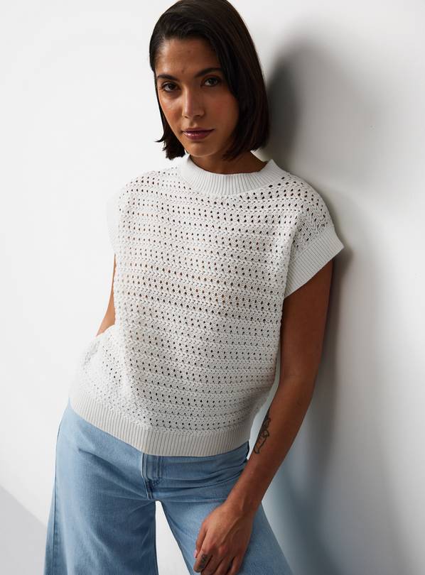 White Airtex Cotton Crochet Style Knitted Tank Top L