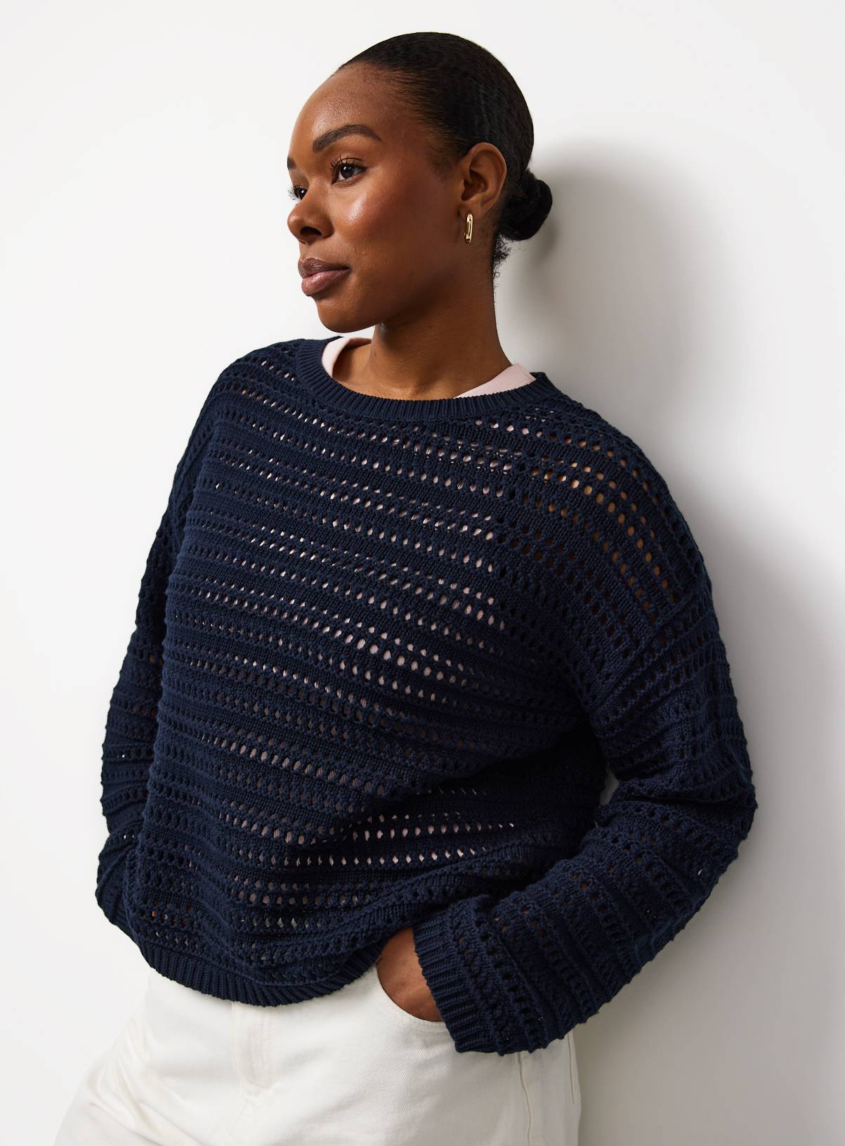 Navy Airtex Cotton Crochet Knit Jumper L - Image 1