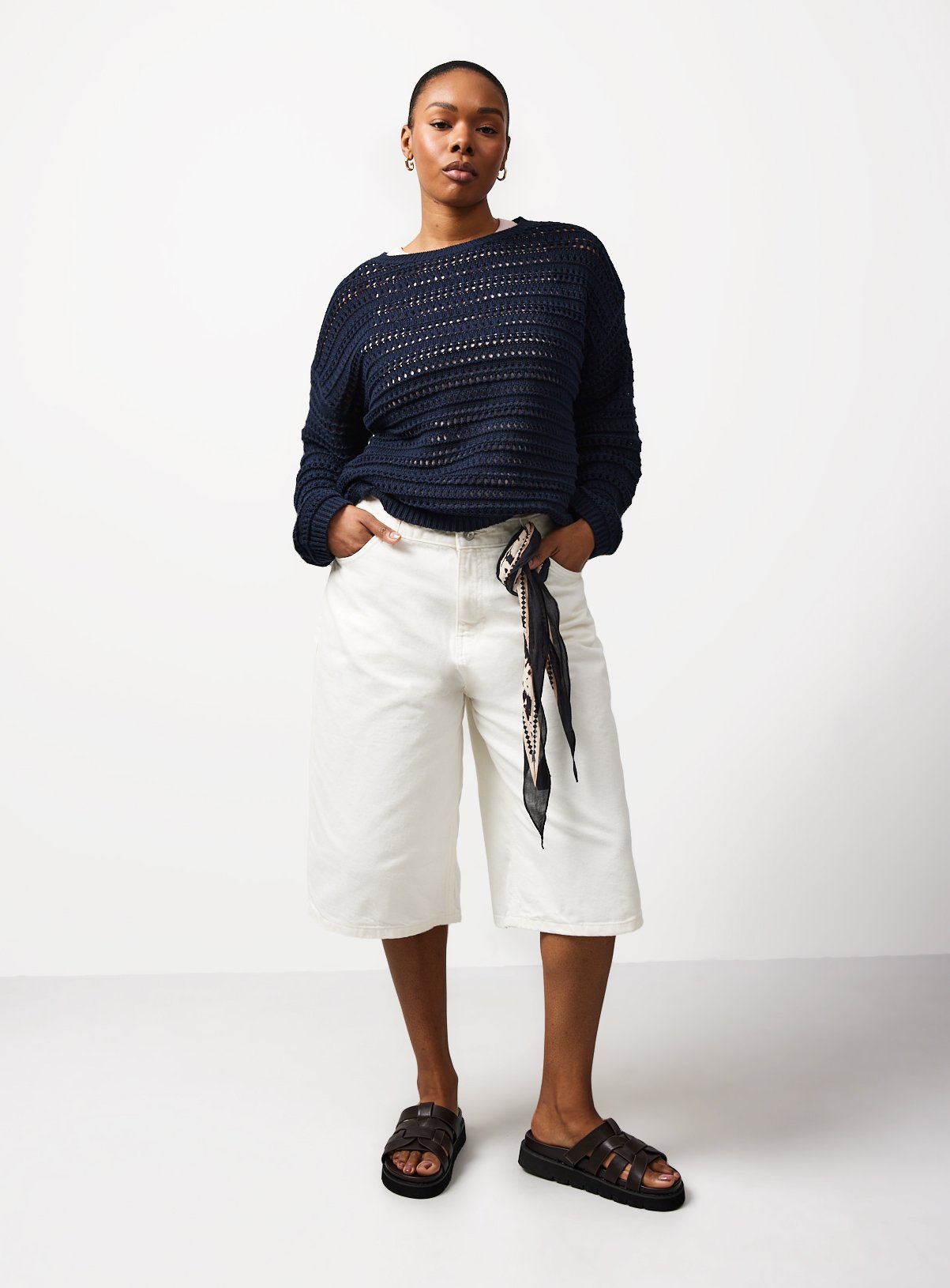 Navy Airtex Cotton Crochet Knit Jumper L - Image 2 thumbnail