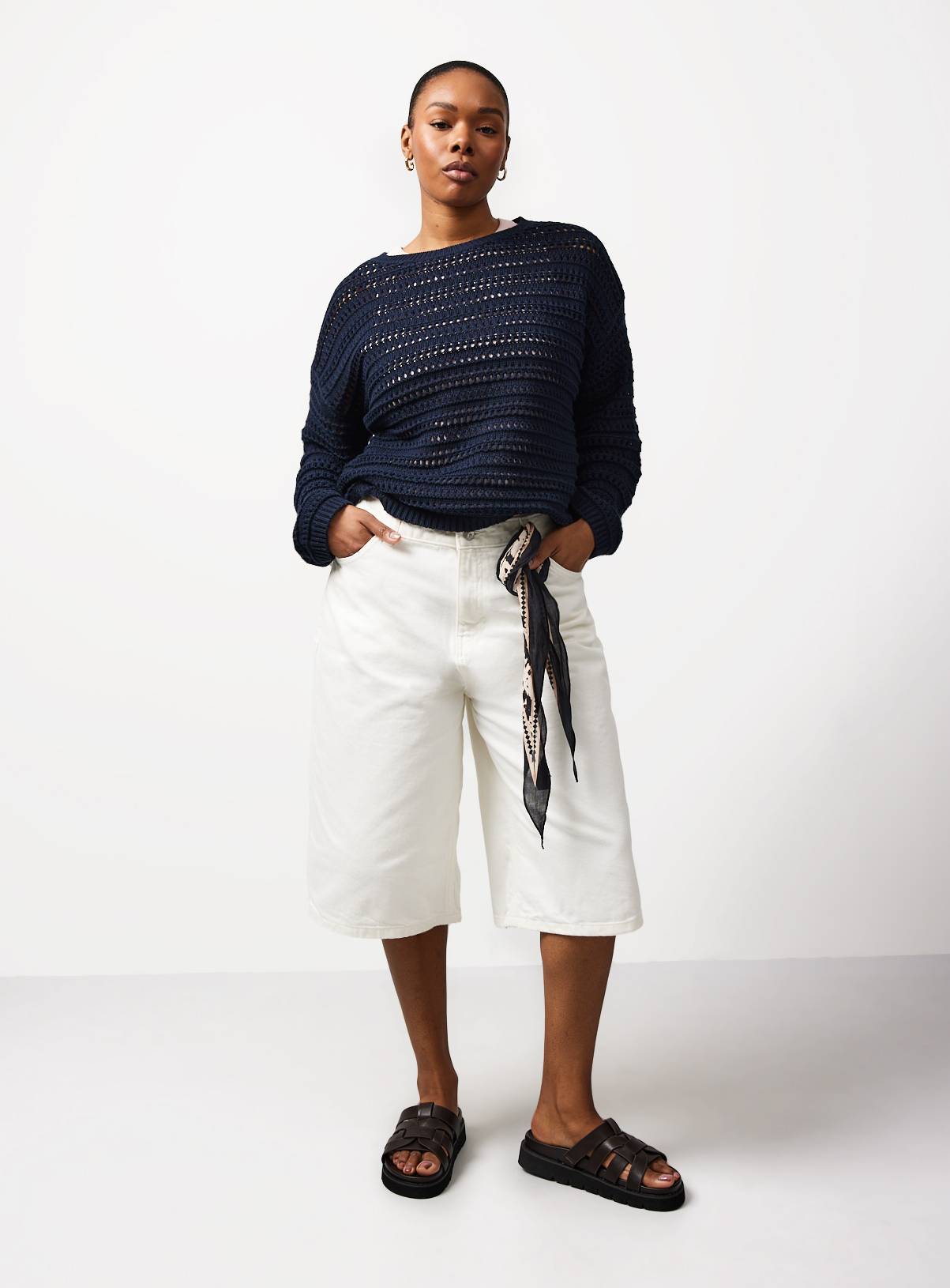 Navy Airtex Cotton Crochet Knit Jumper L - Image 2
