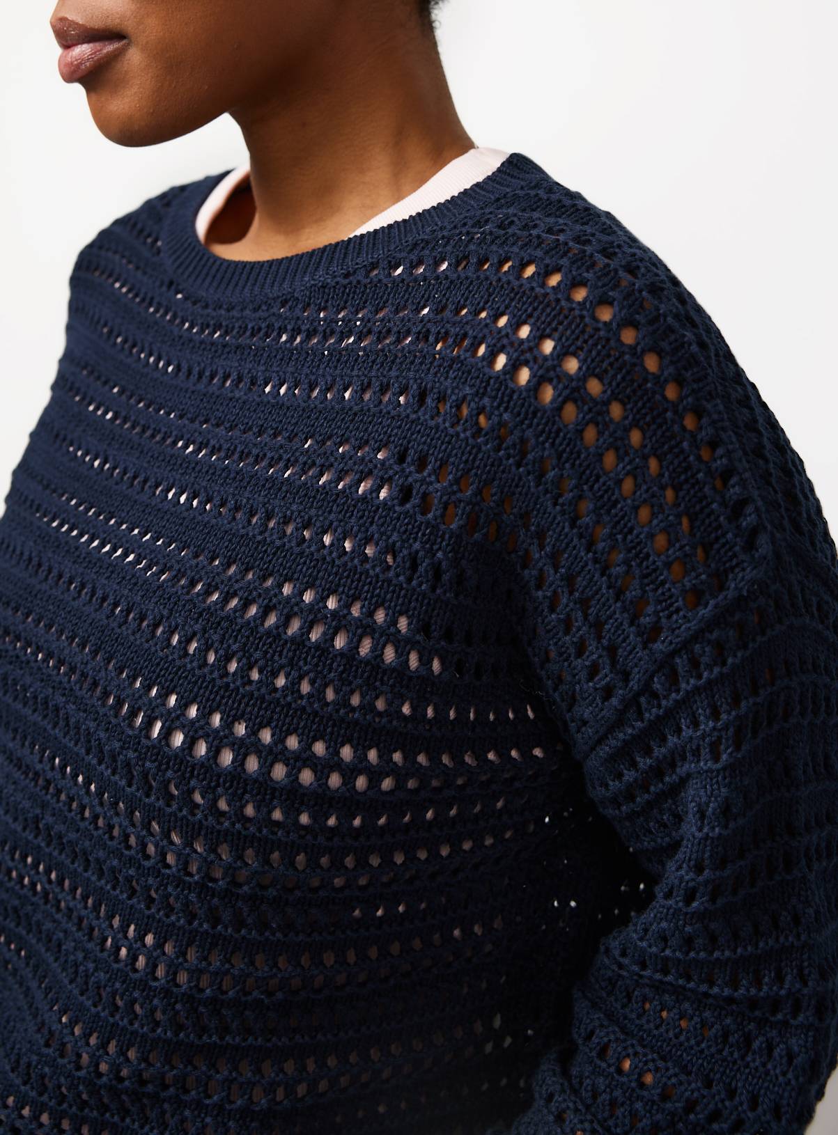 Navy Airtex Cotton Crochet Knit Jumper L - Image 3