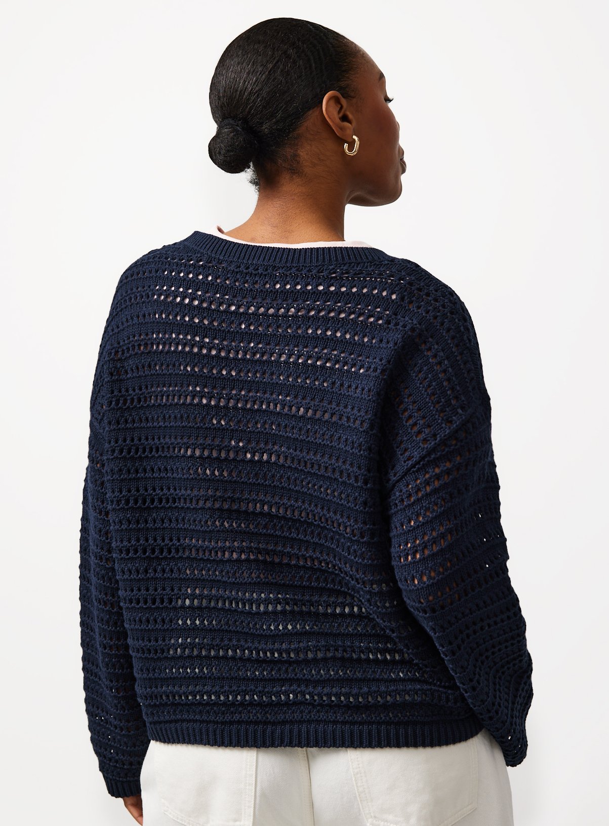 Navy Airtex Cotton Crochet Knit Jumper L - Image 4 thumbnail