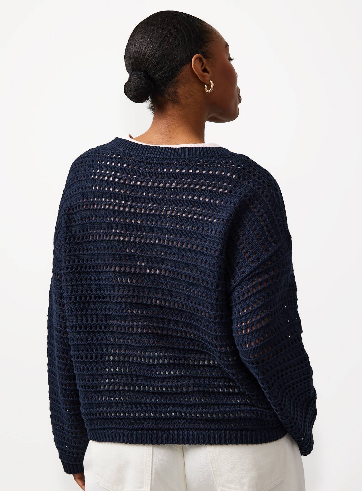 Navy Airtex Cotton Crochet Knit Jumper L - Image 4