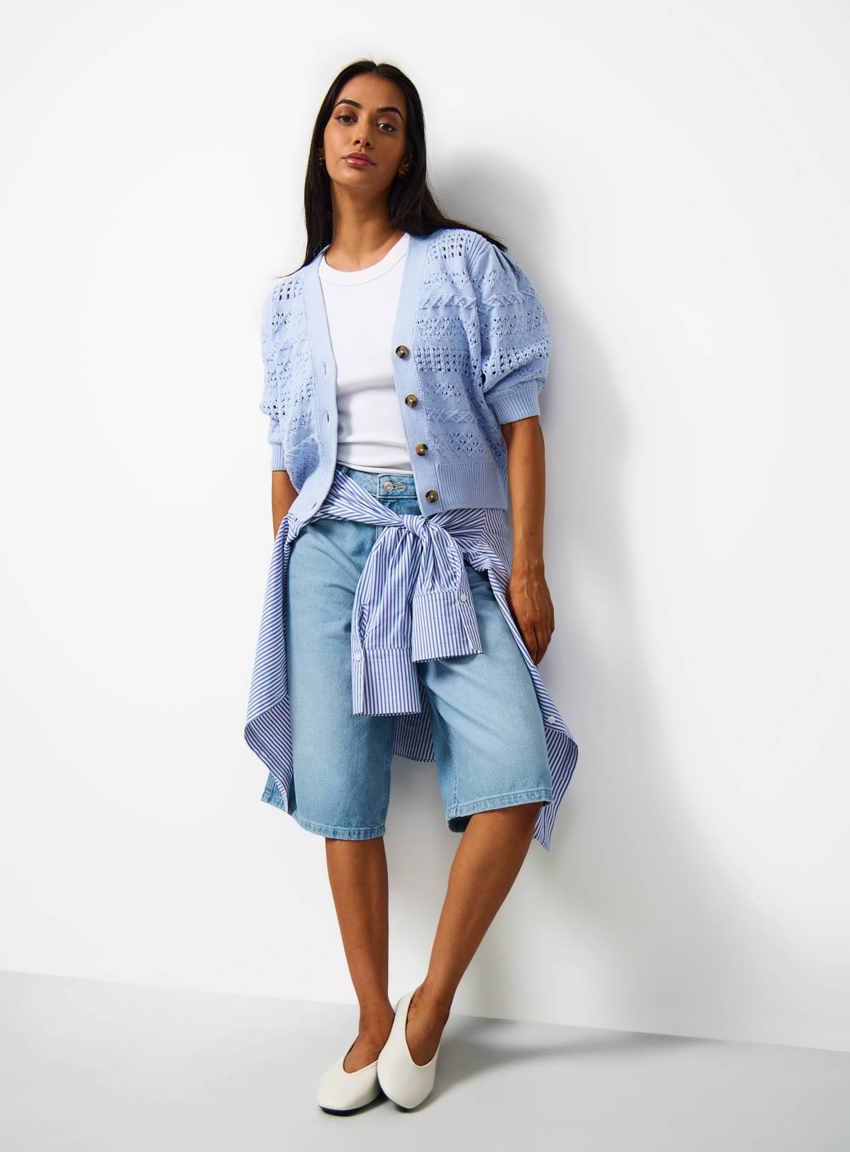 Blue V Neck Pointelle Cardigan M - Image 2