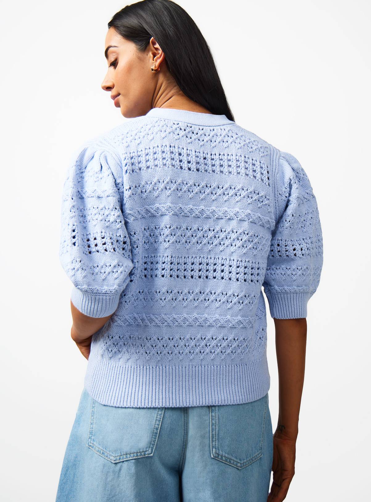 Blue V Neck Pointelle Cardigan M - Image 4