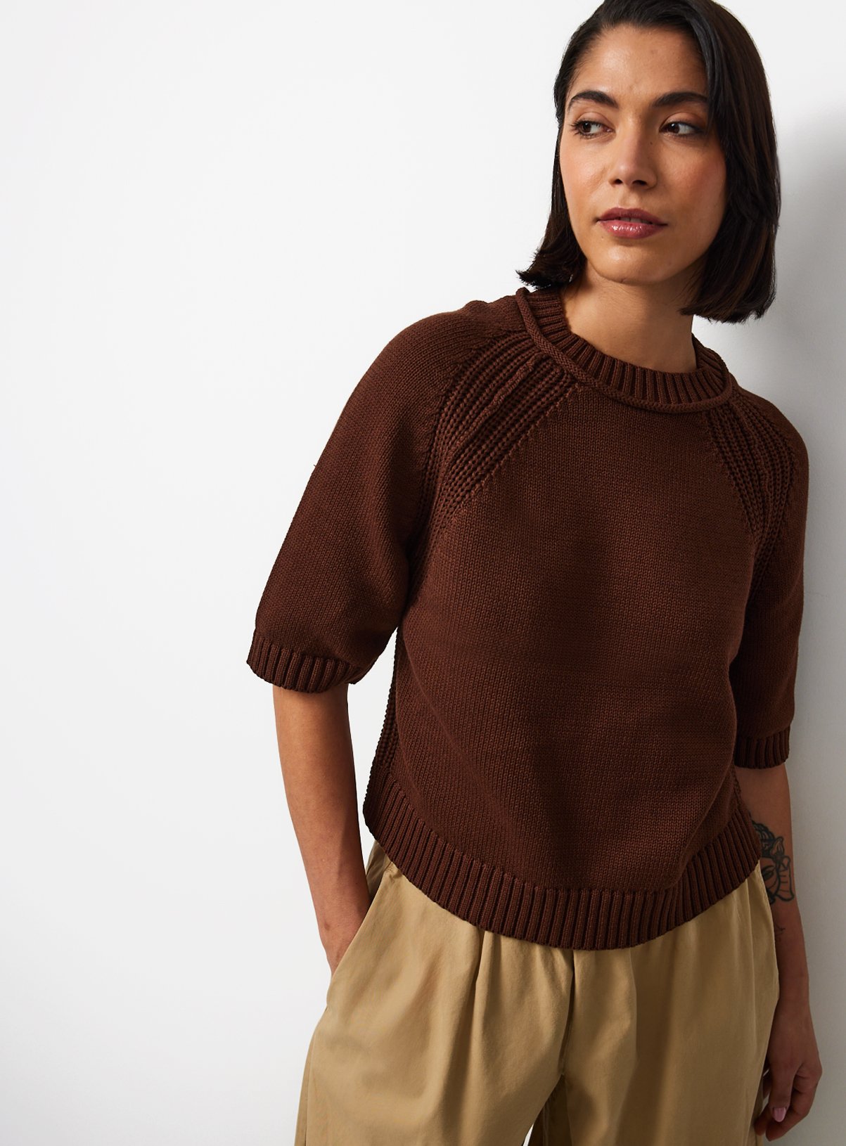 Brown Boxy Fit Knitted T-Shirt XS - Image 1 thumbnail