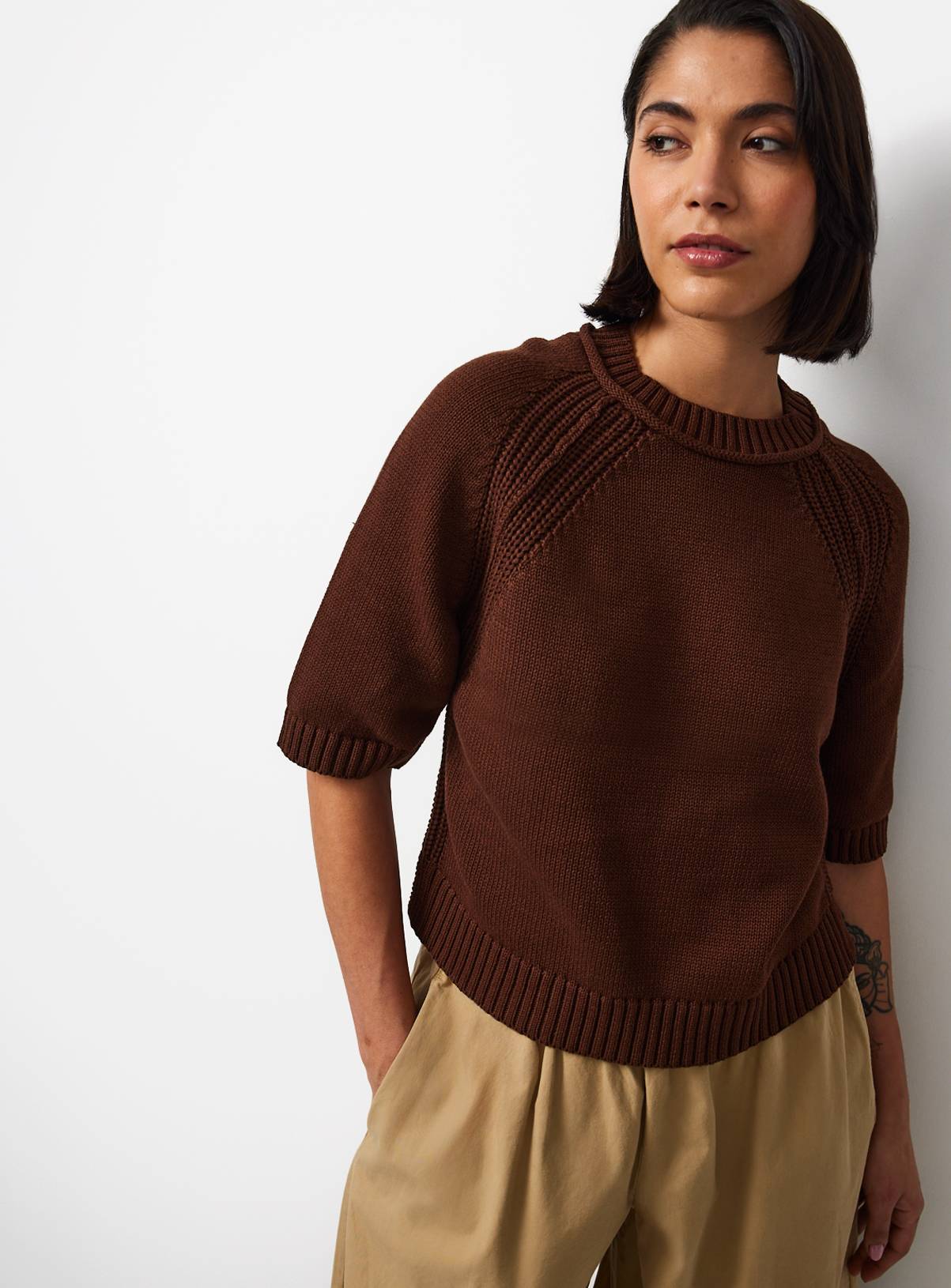 Brown Boxy Fit Knitted T-Shirt XS - Image 1