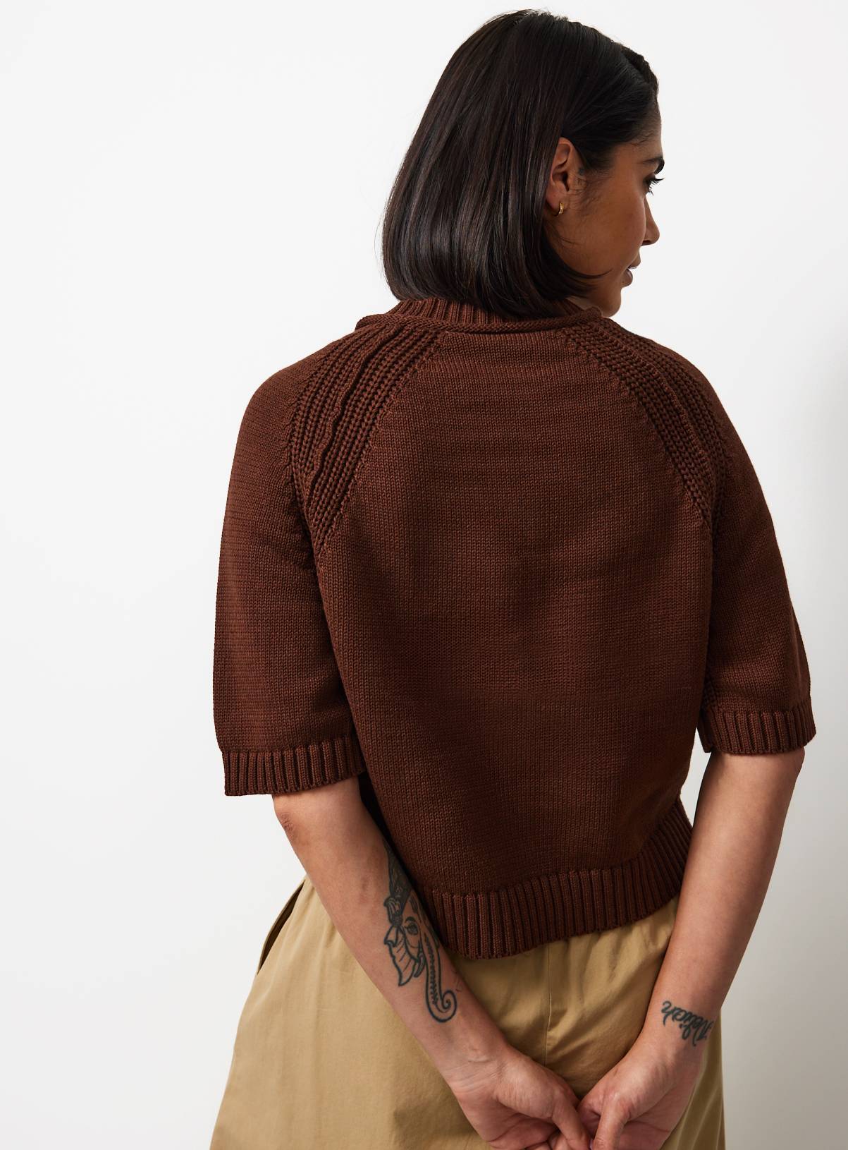 Brown Boxy Fit Knitted T-Shirt XS - Image 4