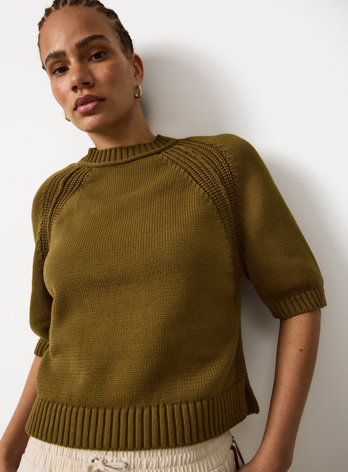 Khaki Boxy Fit Knitted T-Shirt M - Image 1 thumbnail