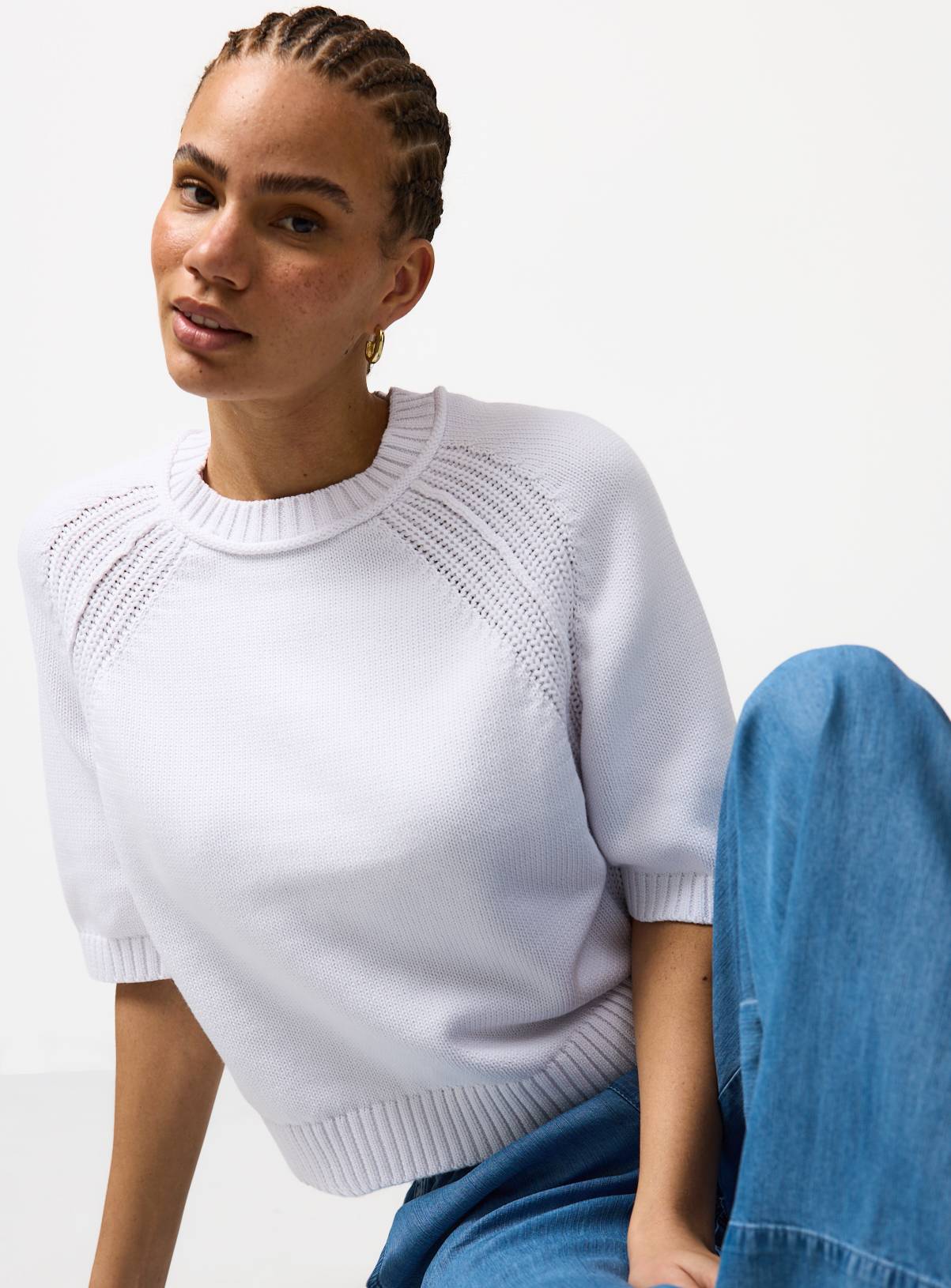 White Boxy Fit Knitted T-Shirt M - Image 1