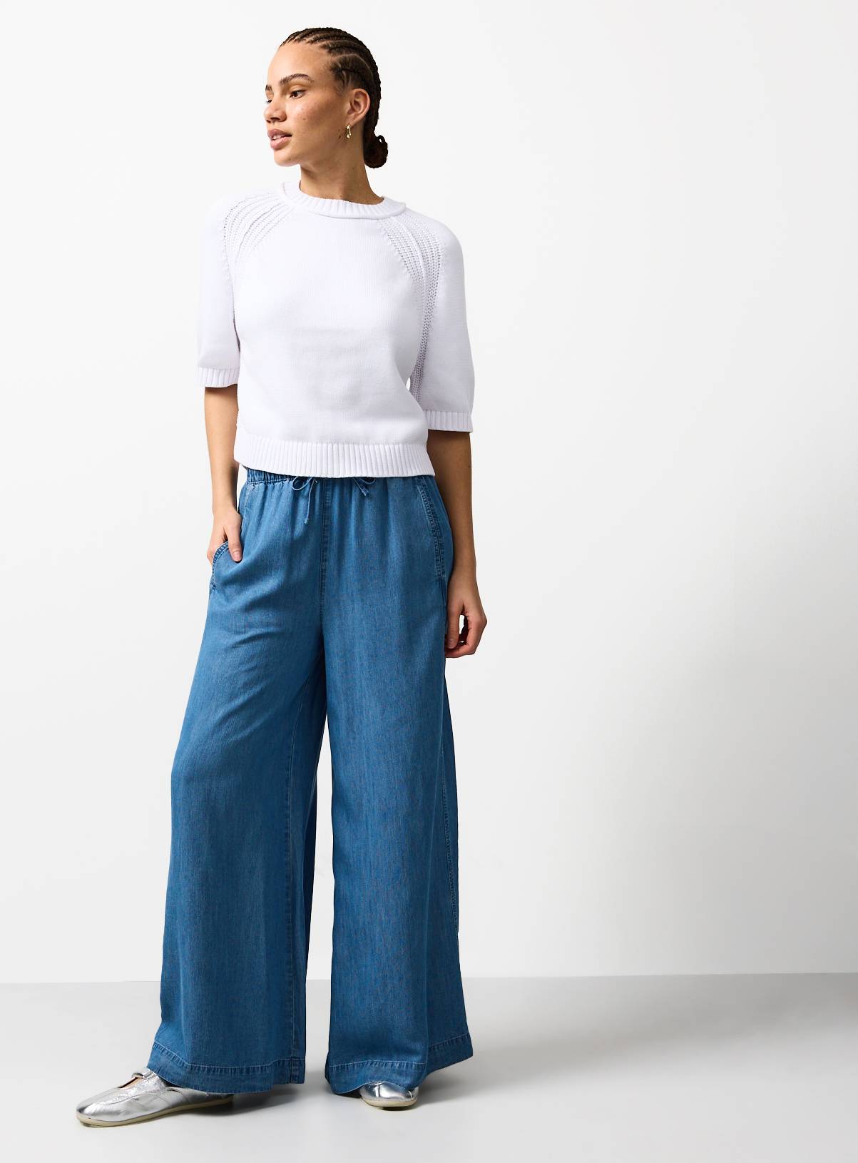 White Boxy Fit Knitted T-Shirt M - Image 2
