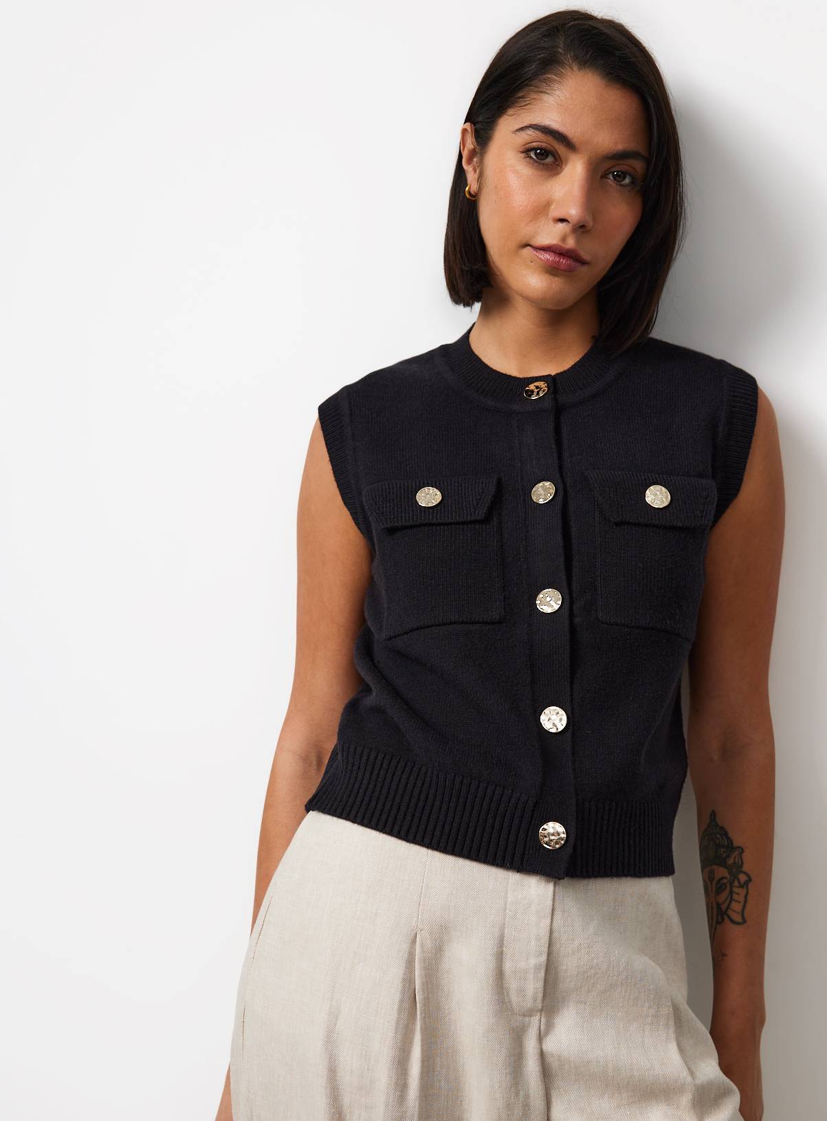 Black Gold Button Utility Knitted Waistcoat XS - Image 1