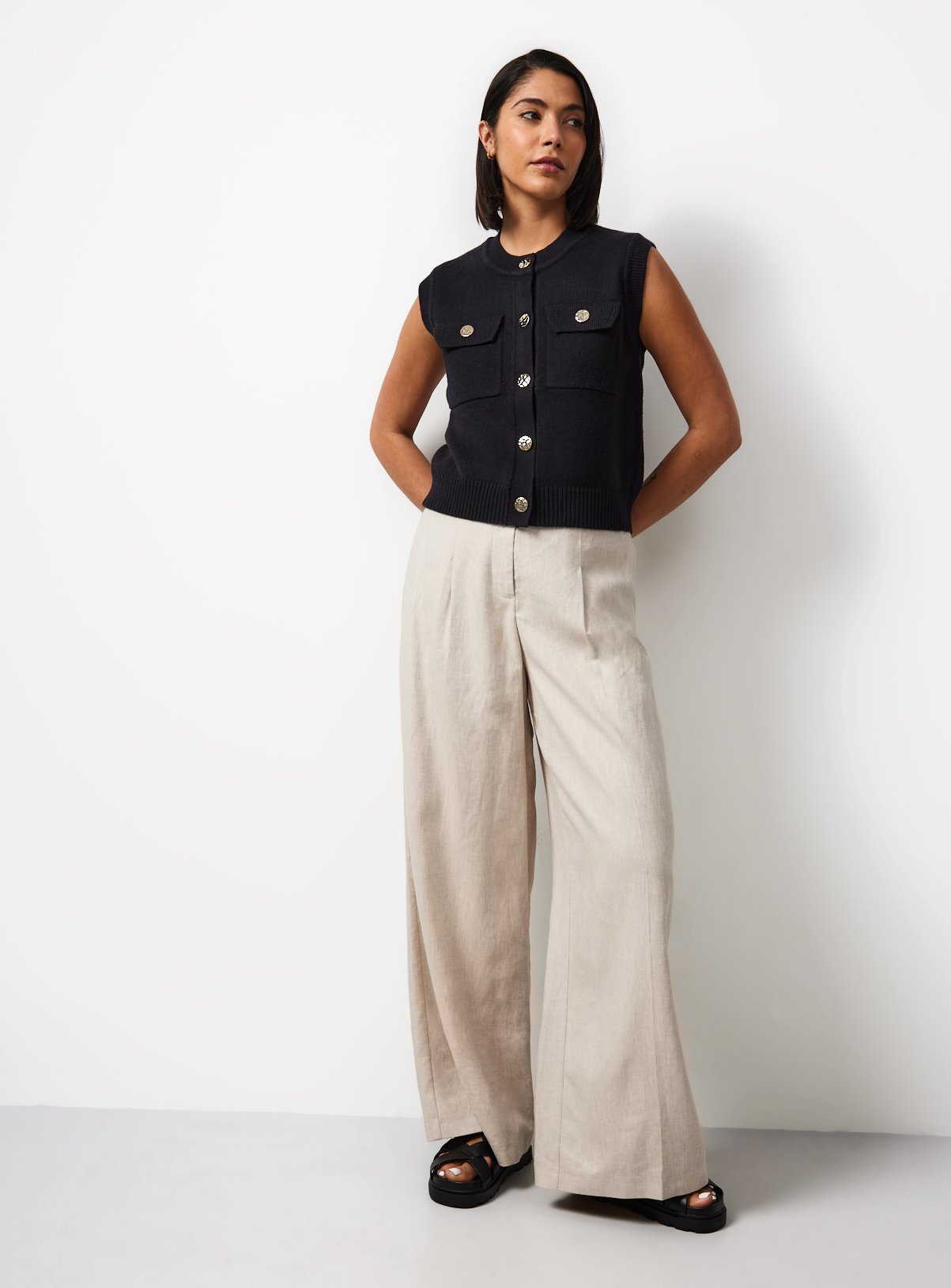Black Gold Button Utility Knitted Waistcoat XS - Image 2 thumbnail