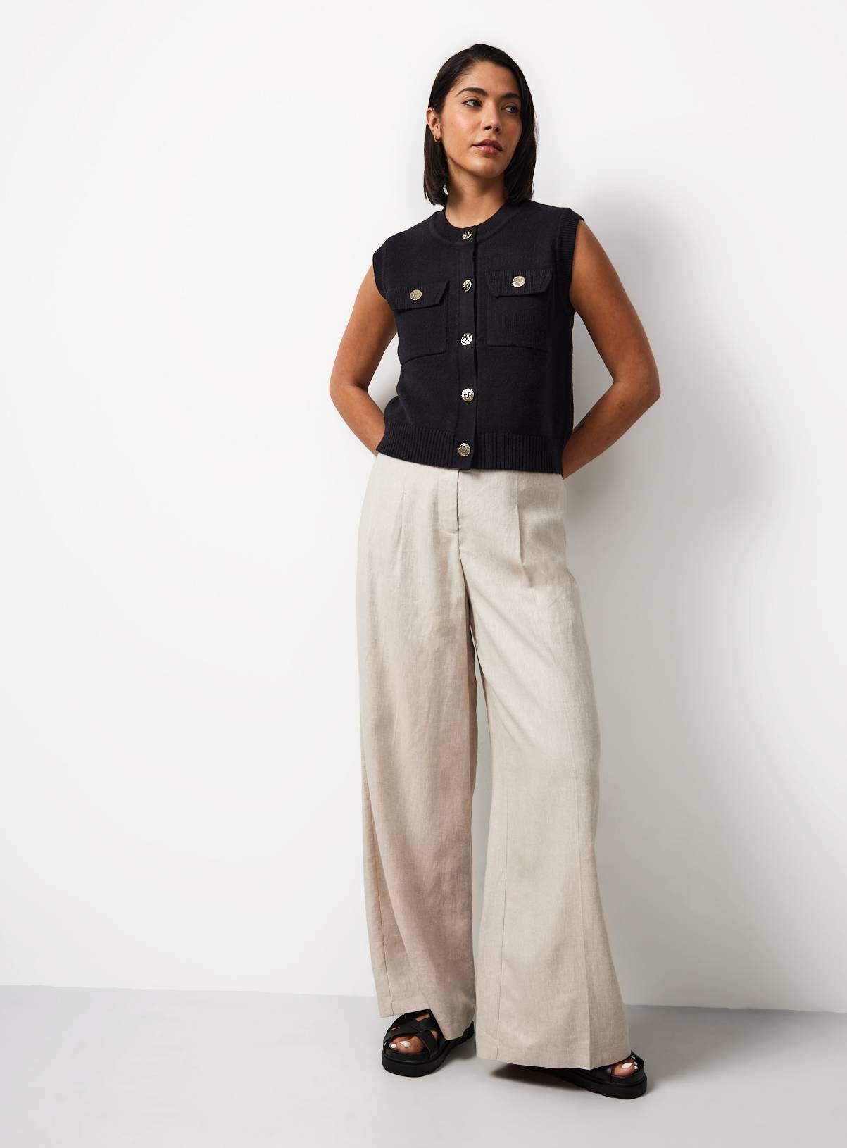 Black Gold Button Utility Knitted Waistcoat XS - Image 2