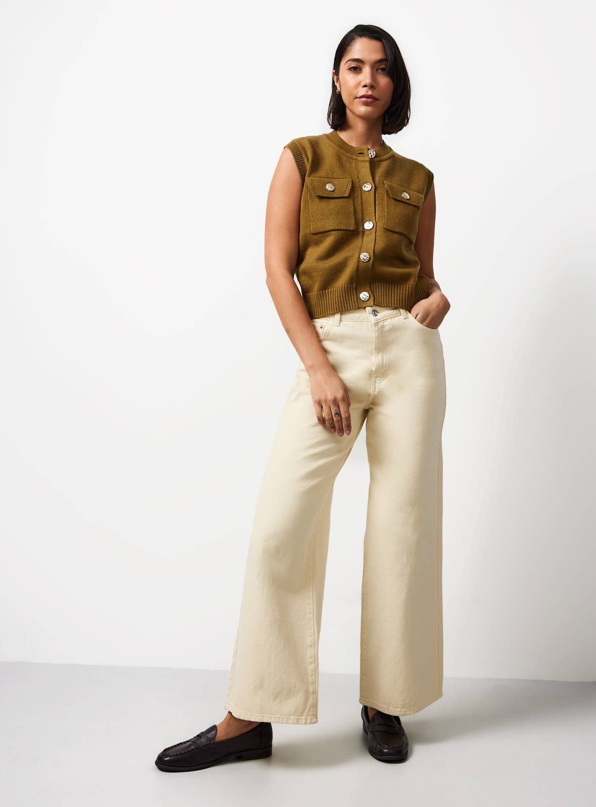 Khaki Gold Button Utility Knitted Waistcoat XL - Image 2