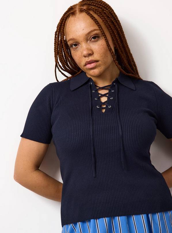 Navy Tie Front Knitted Polo Shirt 20