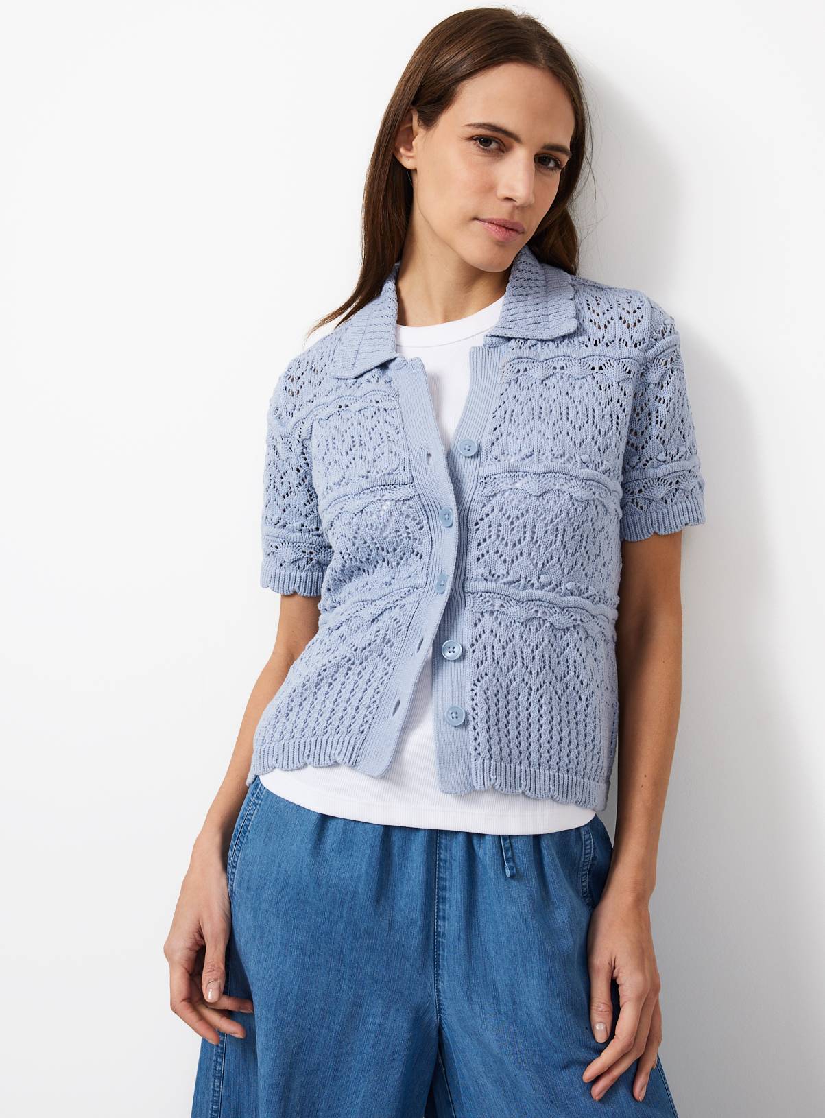 Blue Crochet Style Knitted Shirt M - Image 1