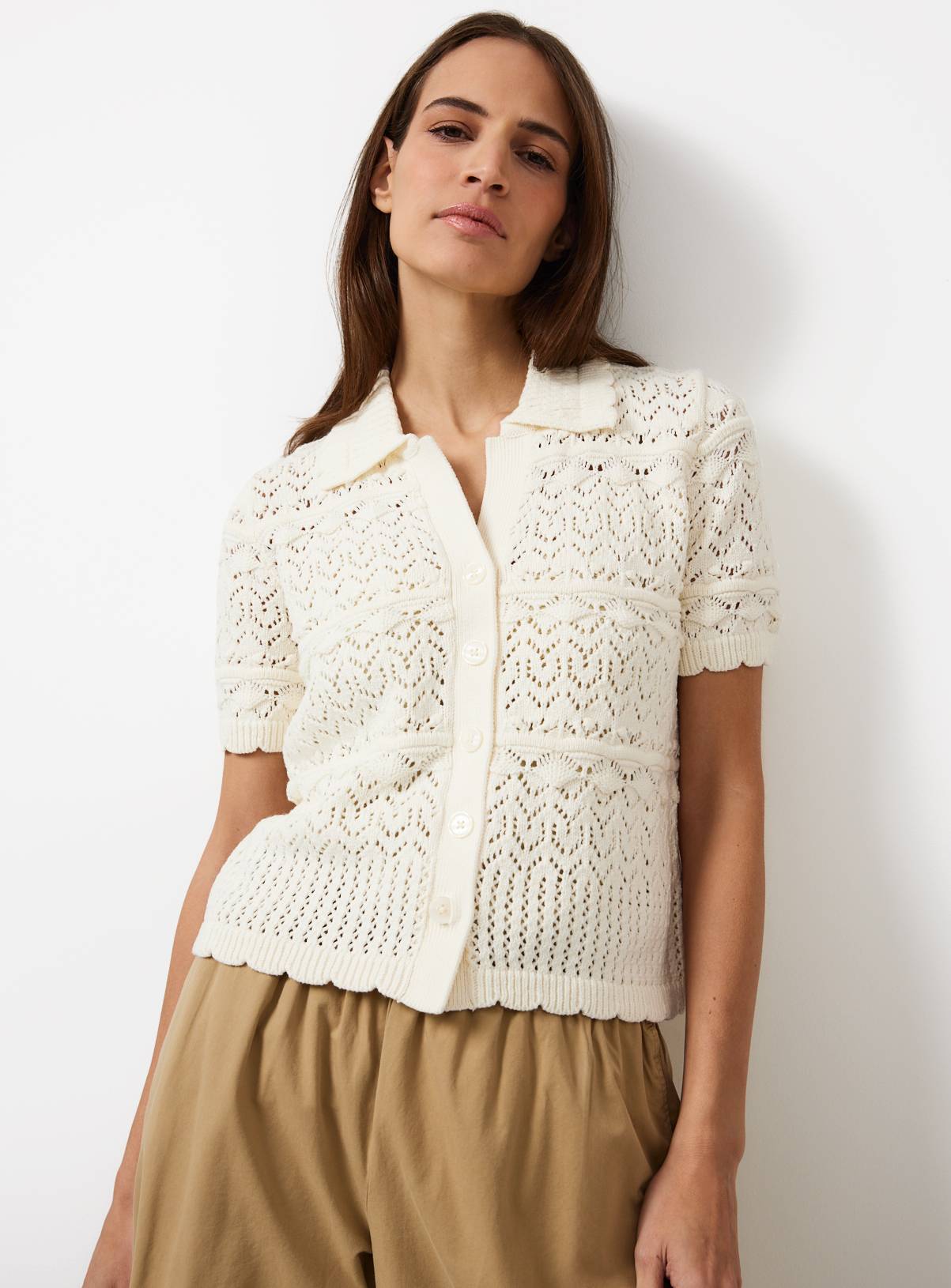 Cream Crochet Style Knitted Shirt XS - Image 1