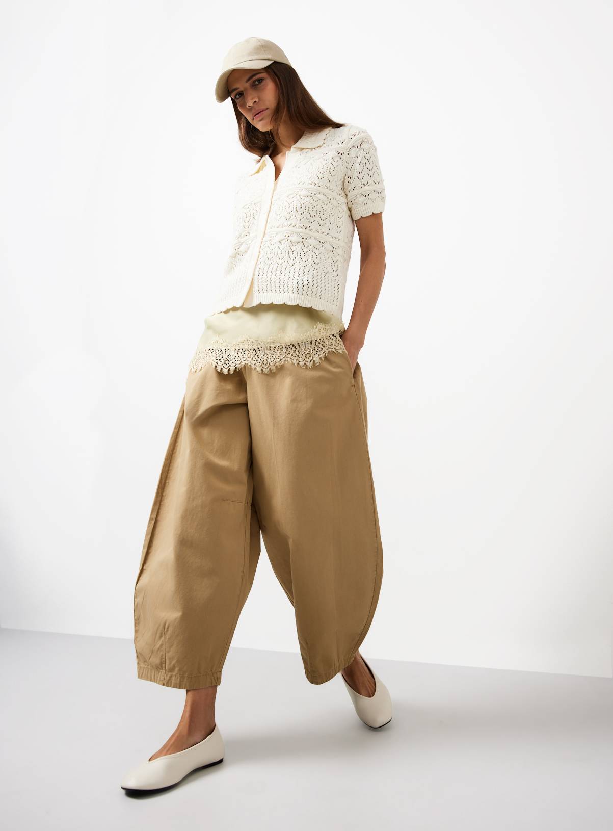 Cream Crochet Style Knitted Shirt XS - Image 2