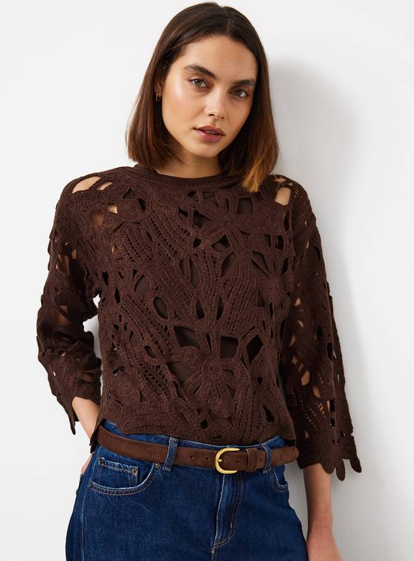 Brown Floral Crochet Fluted Sleeve Jumper S