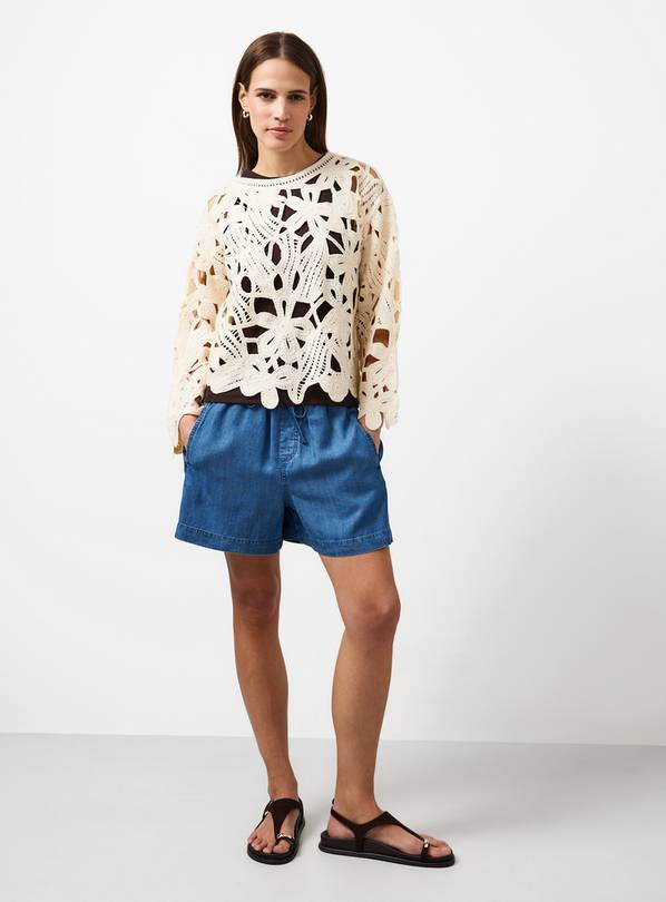 Neutral Floral Crochet Fluted Sleeve Jumper L
