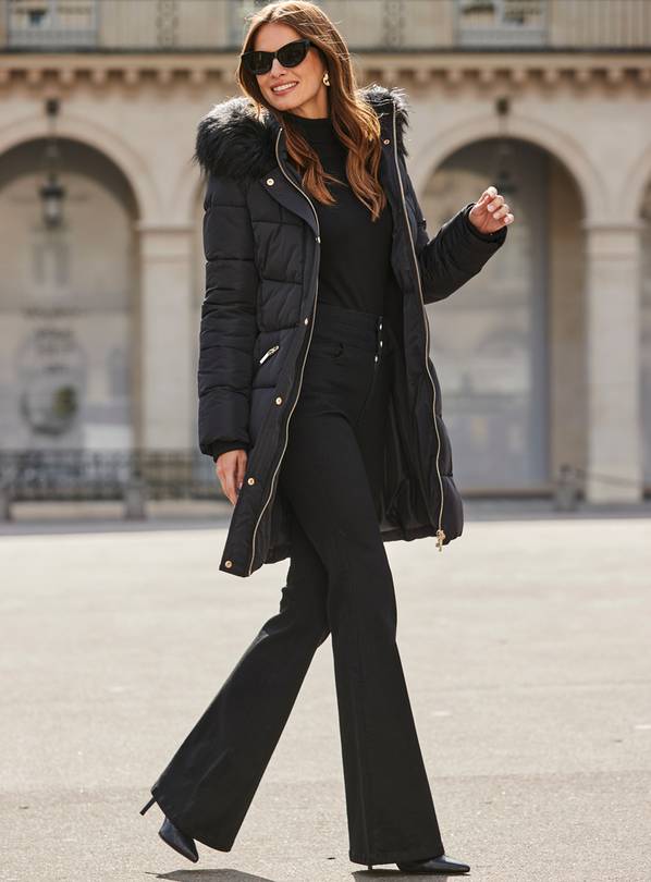 SOSANDAR Black Faux Fur Trim Padded Coat 14