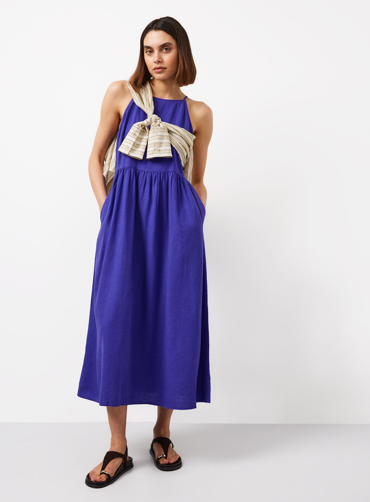Blue Linen Blend Waisted Dress 22 - Image 3 thumbnail
