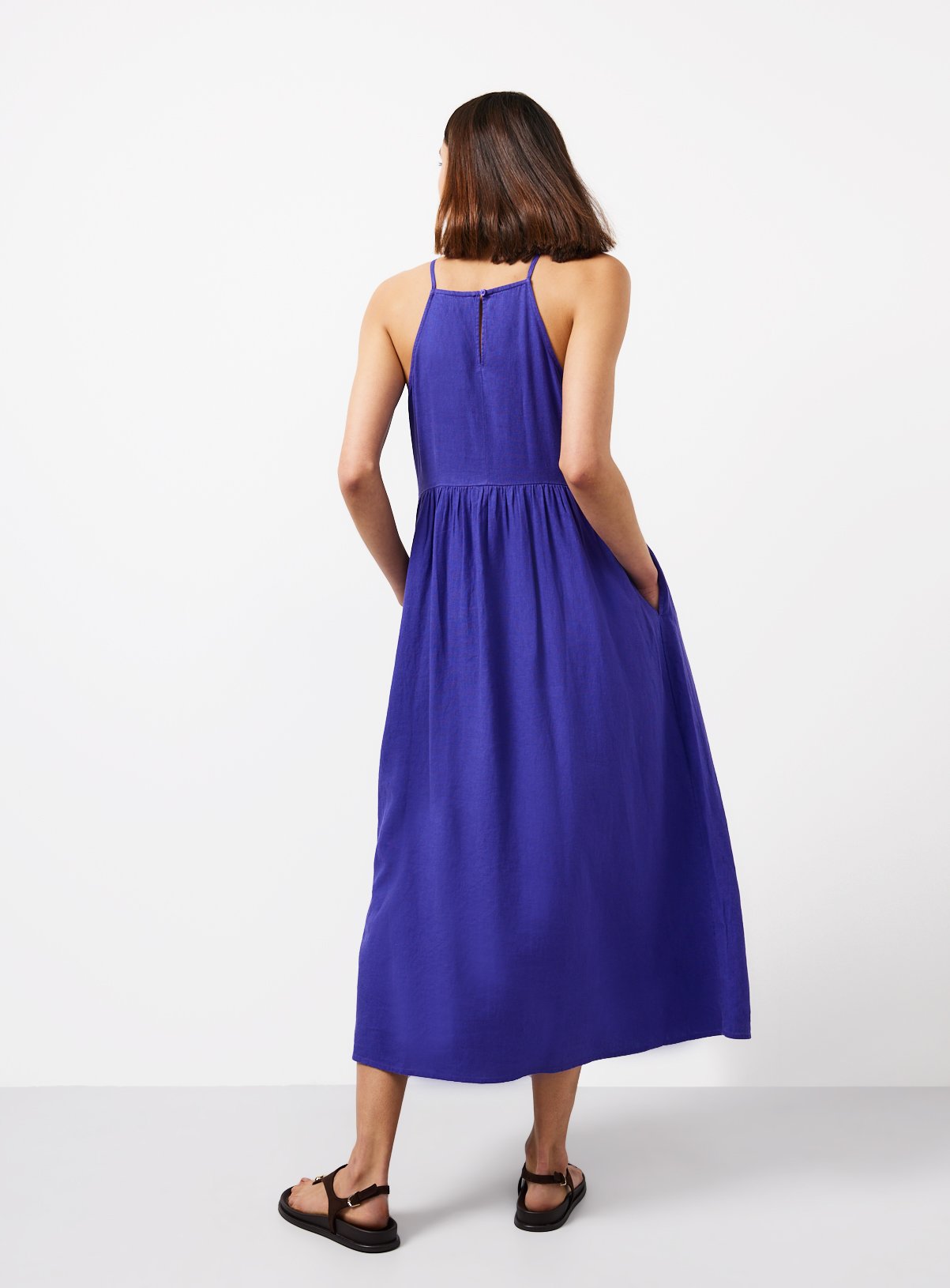 Blue Linen Blend Waisted Dress 22 - Image 4 thumbnail