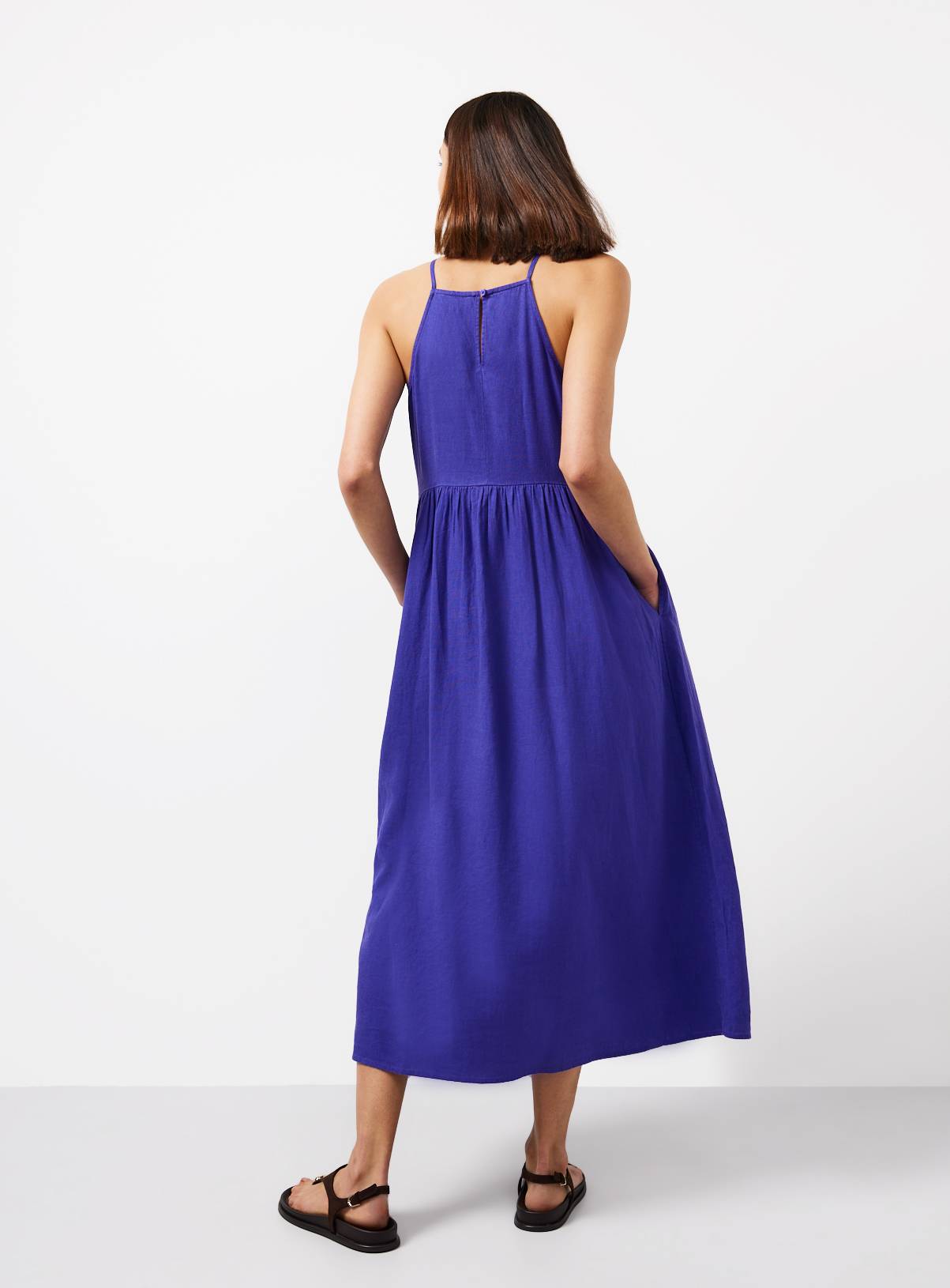 Blue Linen Blend Waisted Dress 22 - Image 4