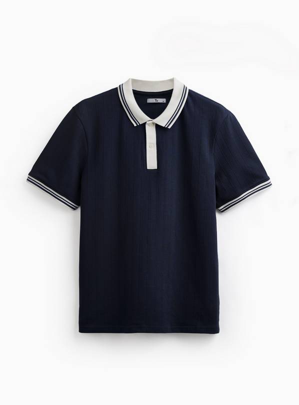 Navy Textured White Tipped Polo Shirt L
