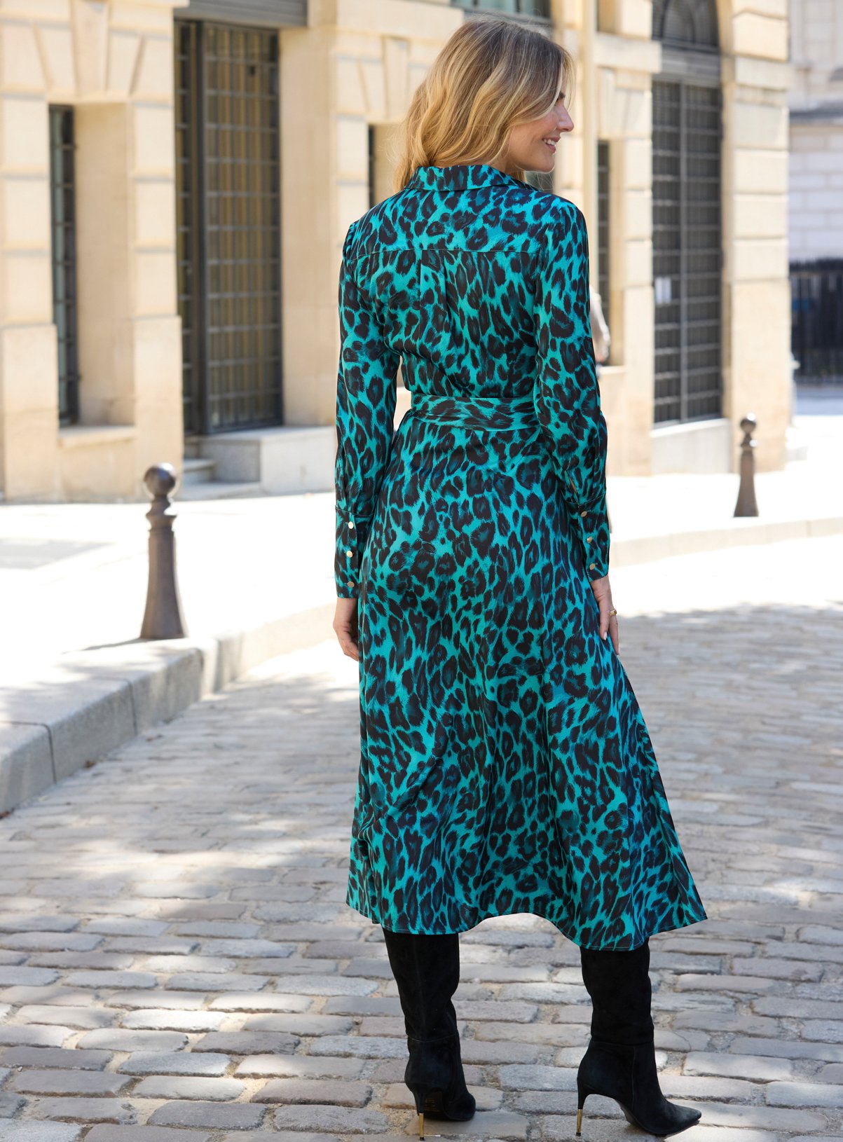 SOSANDAR Green Animal Print Belted Shirt Dress 12 - Image 3 thumbnail
