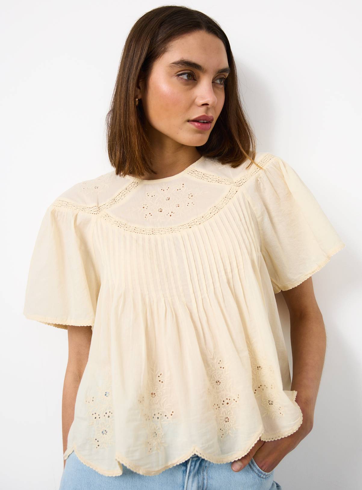Cream Mesh Pintuck Short Sleeve Blouse 6 - Image 1