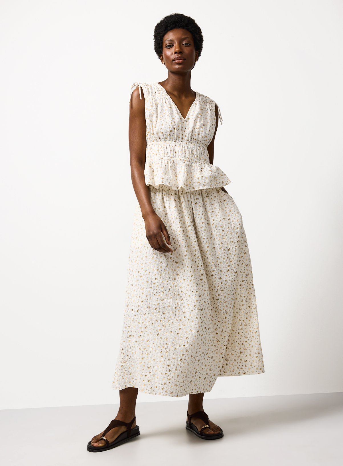 Cream Floral Print Shirred Sleeveless Co-ord Top 12 - Image 2 thumbnail