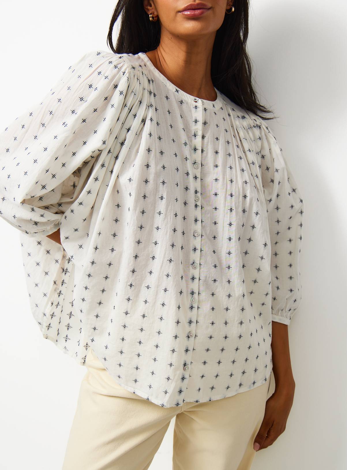 White Jacquard 3/4 Sleeve Blouse 20 - Image 2