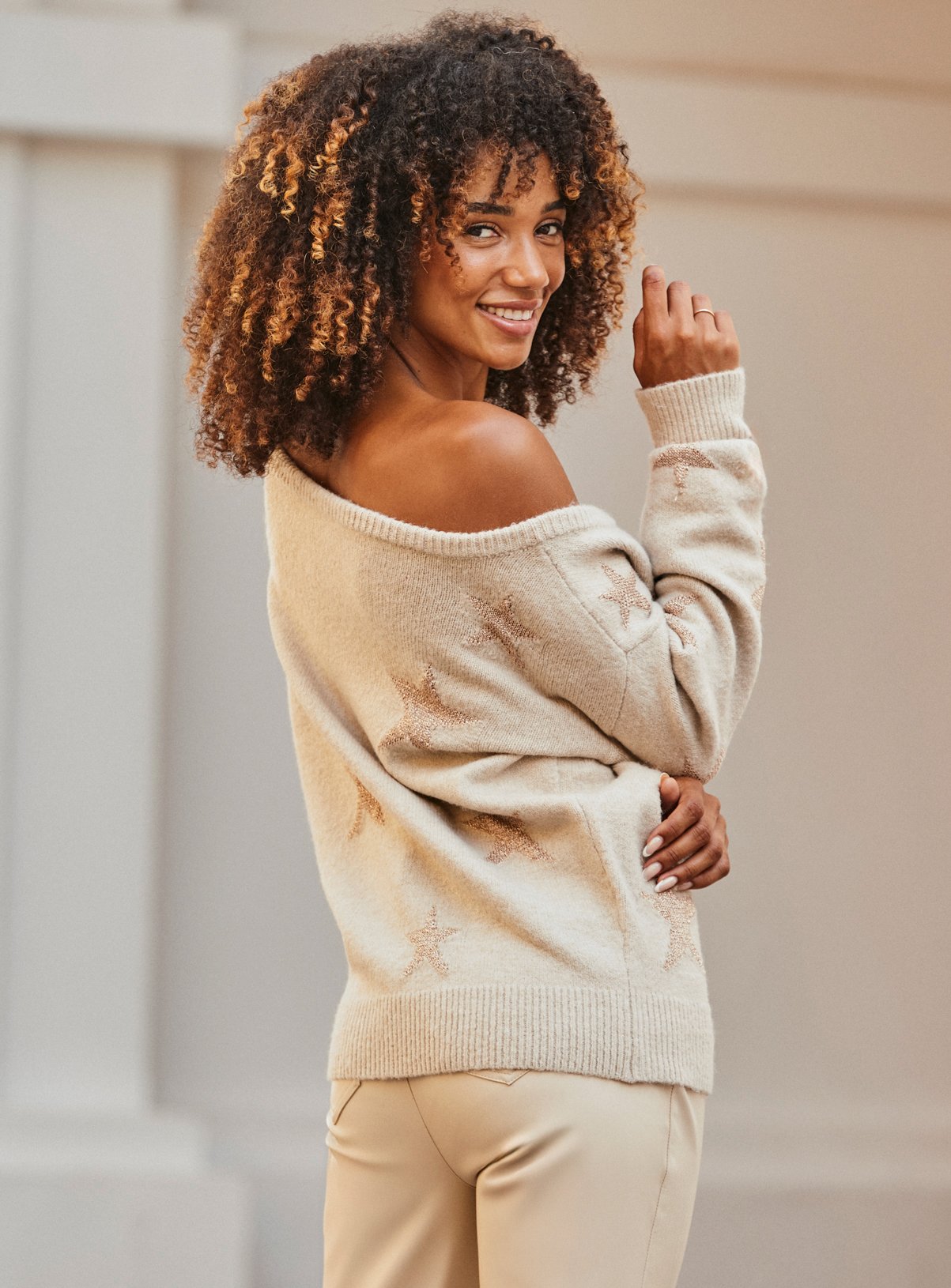 SOSANDAR Taupe Metallic Star Off The Shoulder Jumper M - Image 5 thumbnail