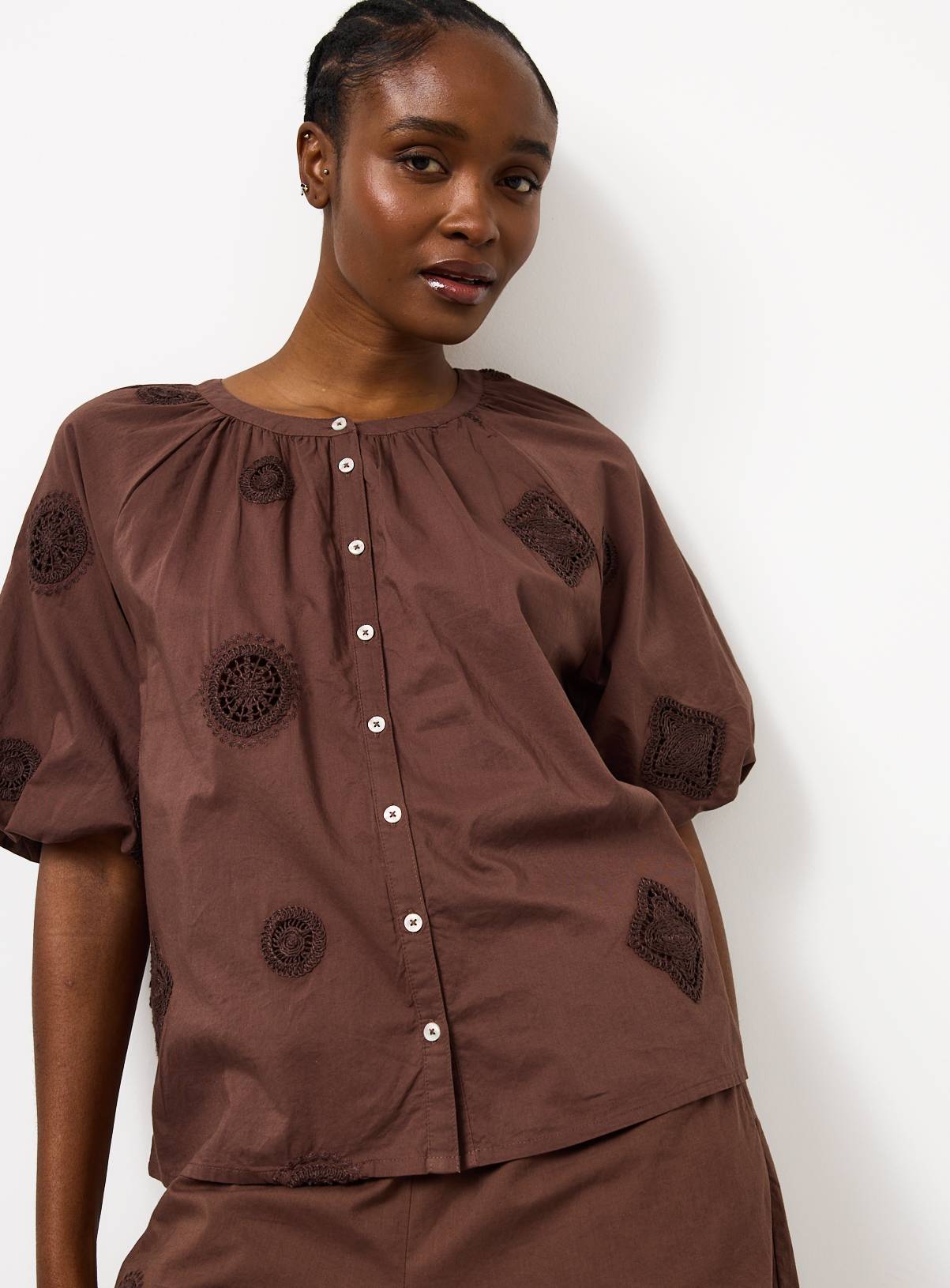 Brown Crochet Patch Co-ord Blouse 14 - Image 1