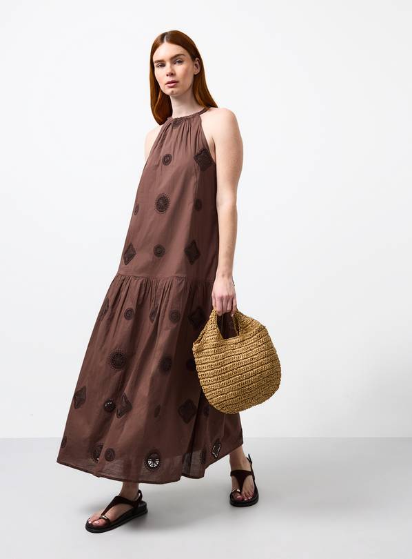 Brown Crochet Patch Midaxi Shift Dress 24