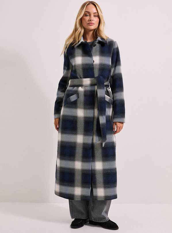 DOROTHY PERKINS Check Detail Fur Cuff Detail Belted Coat Navy 16