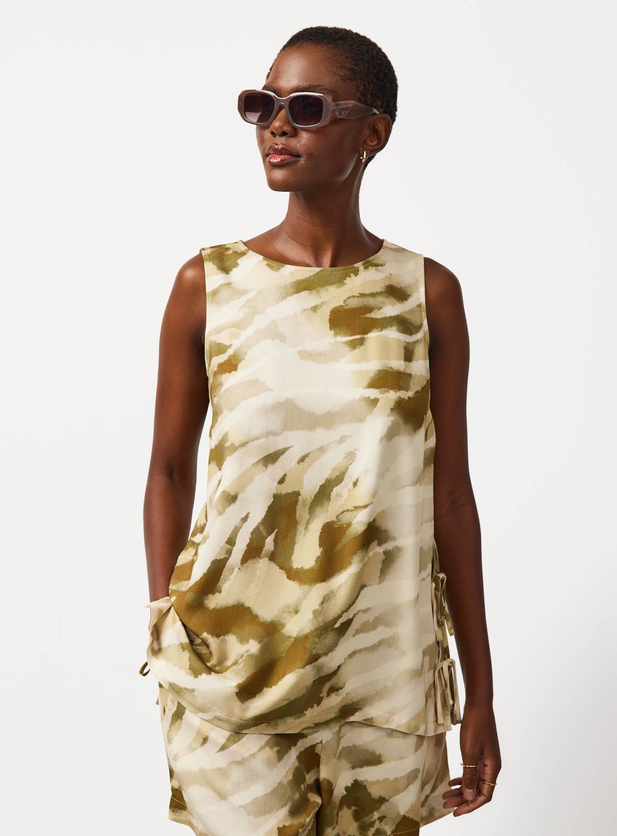 Neutral Leaf Print Sleeveless Co-ord Top 10 - Image 1