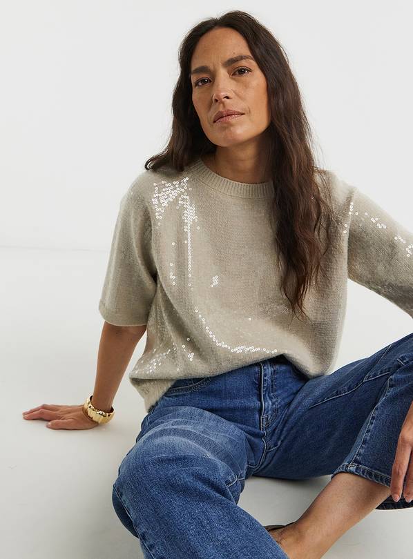 JD WILLIAMS Clear Sequin Short Sleeve Jumper 28-30