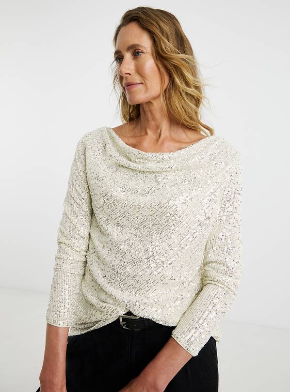 JD WILLIAMS Sequin Slash Cowl Neck Long Sleeve Top 20