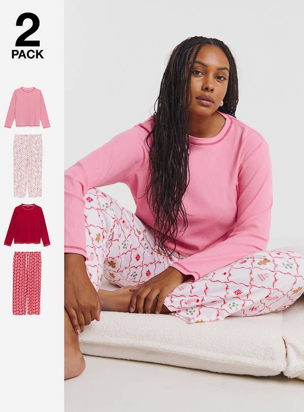 SIMPLY BE 2 Pack Long Sleeve T Shirt Ribbed Pyjama Sets 32-34