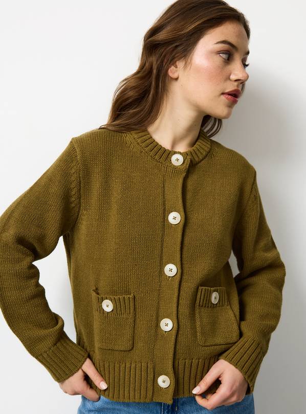 Khaki Boxy Contrast Button Cardigan L