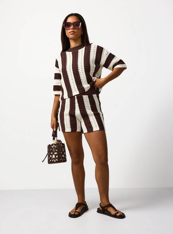 Brown Vertical Stripe Crochet Co-ord Shorts L