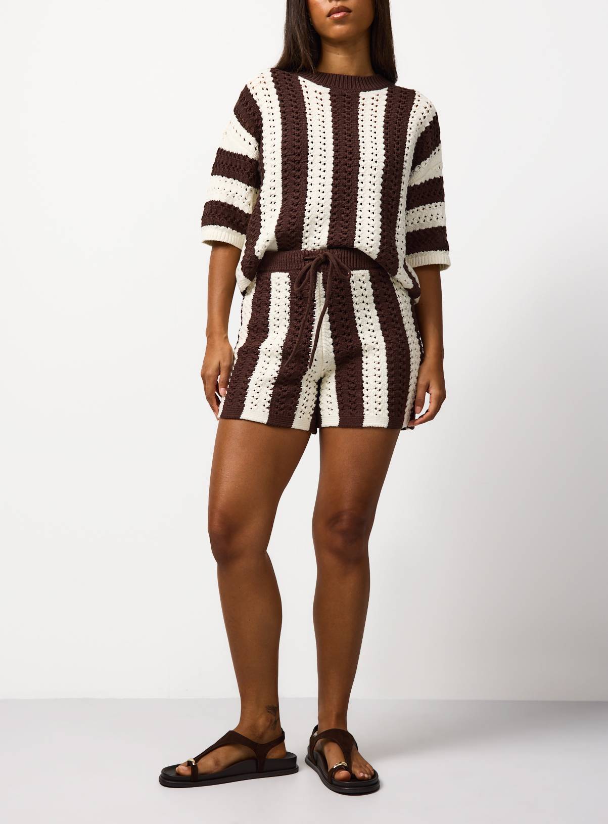 Brown Vertical Stripe Crochet Co-ord Shorts XS - Image 2