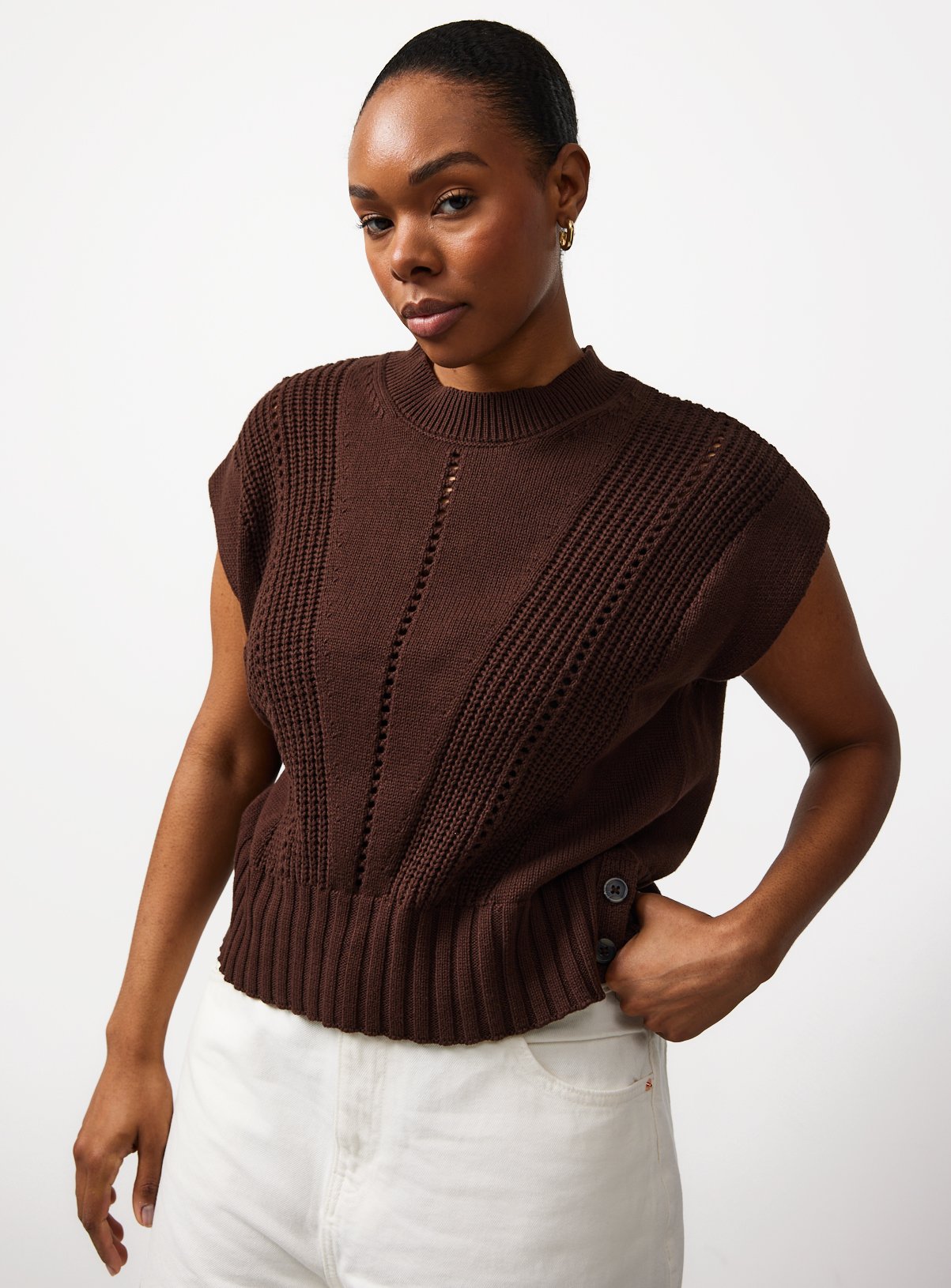 Brown Button Hem Grown On Sleeve Vest M - Image 1 thumbnail